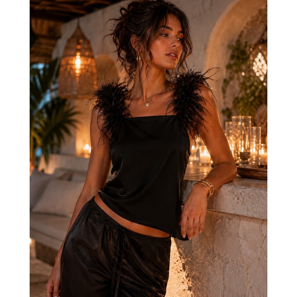 Versona Black Satin Feather Trim Cami Tank Top Size‎ M New With Tags Snag